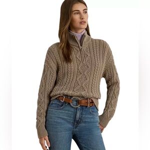 Women’s Size Large Aran-Knit Cotton Quarter-Zip Pullover Mock Neck Cable Sweater